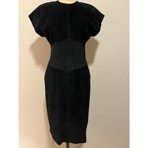 Vintage 80s Retro Lauren Alexandra Black Suede Empire Waist Pencil Midi Dress‎
